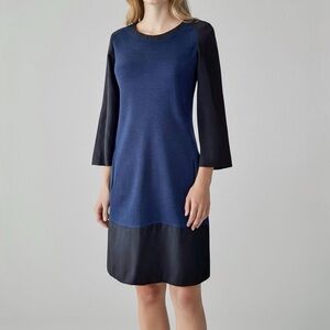 Sandro Paris Wool Blend Shift Midi Dress Size 2 Navy Blue Black 3/4 Sleeves